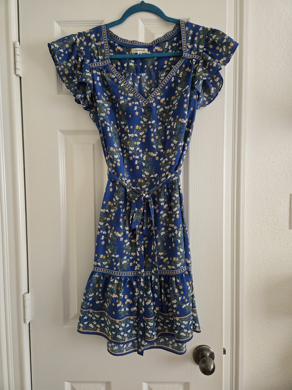 Max Studio Blue Floral V-Neck Tie-Waist Midi Dress